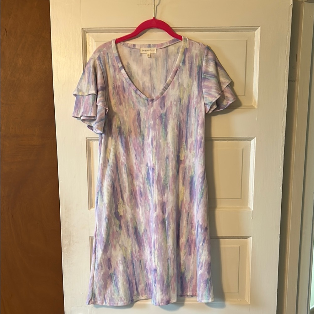 BNWOT Casual Purple and Blue Flutter Sleeve V-Neck Sundress